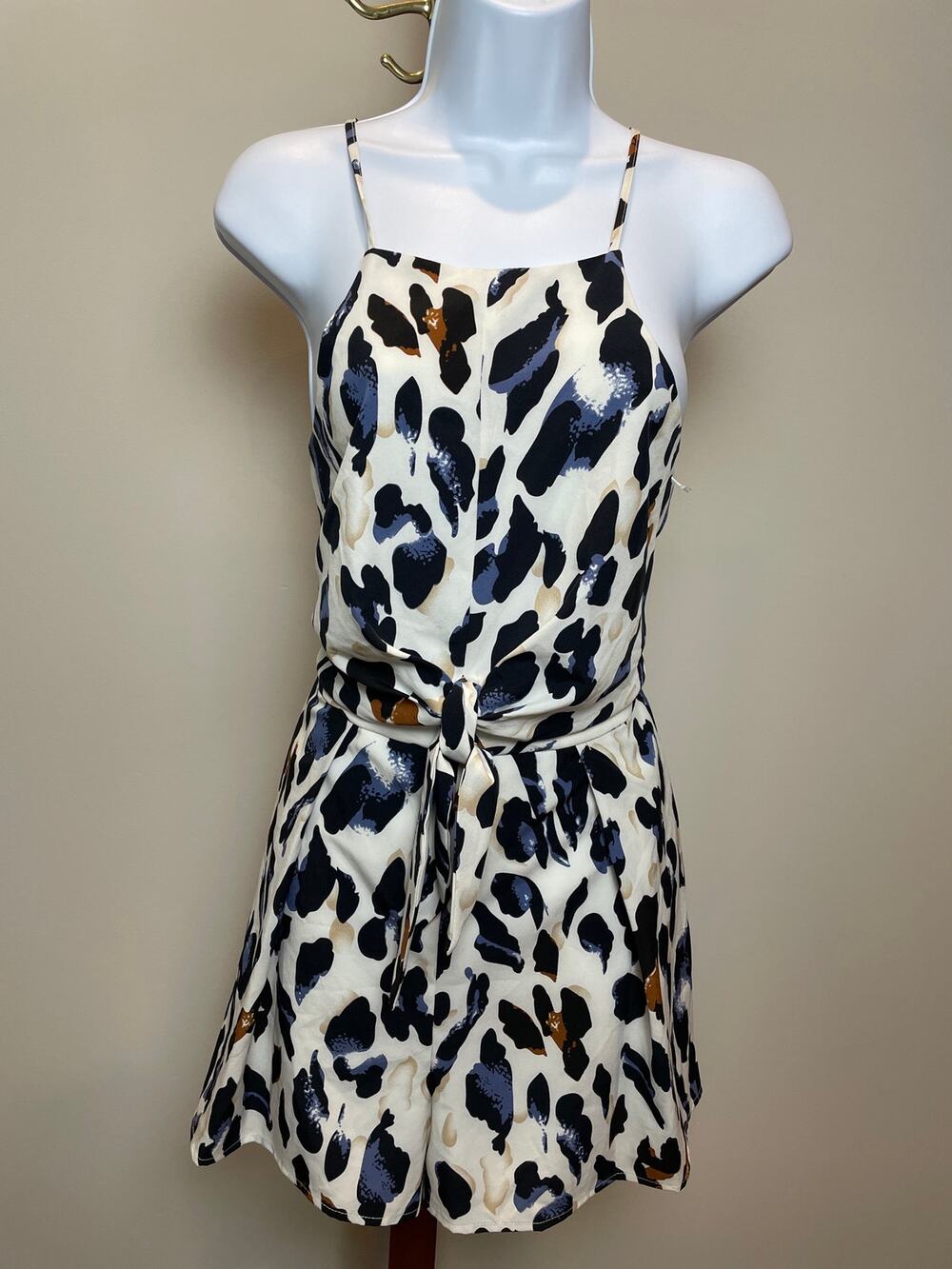 She + Sky White Blue Abstract Chiffon Tie Front Romper Womens M